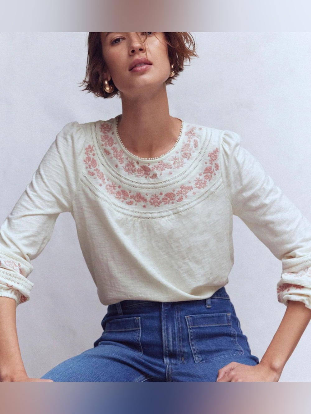 Boden Cream Long-Sleeve Blouse with Pink Floral Embroidery